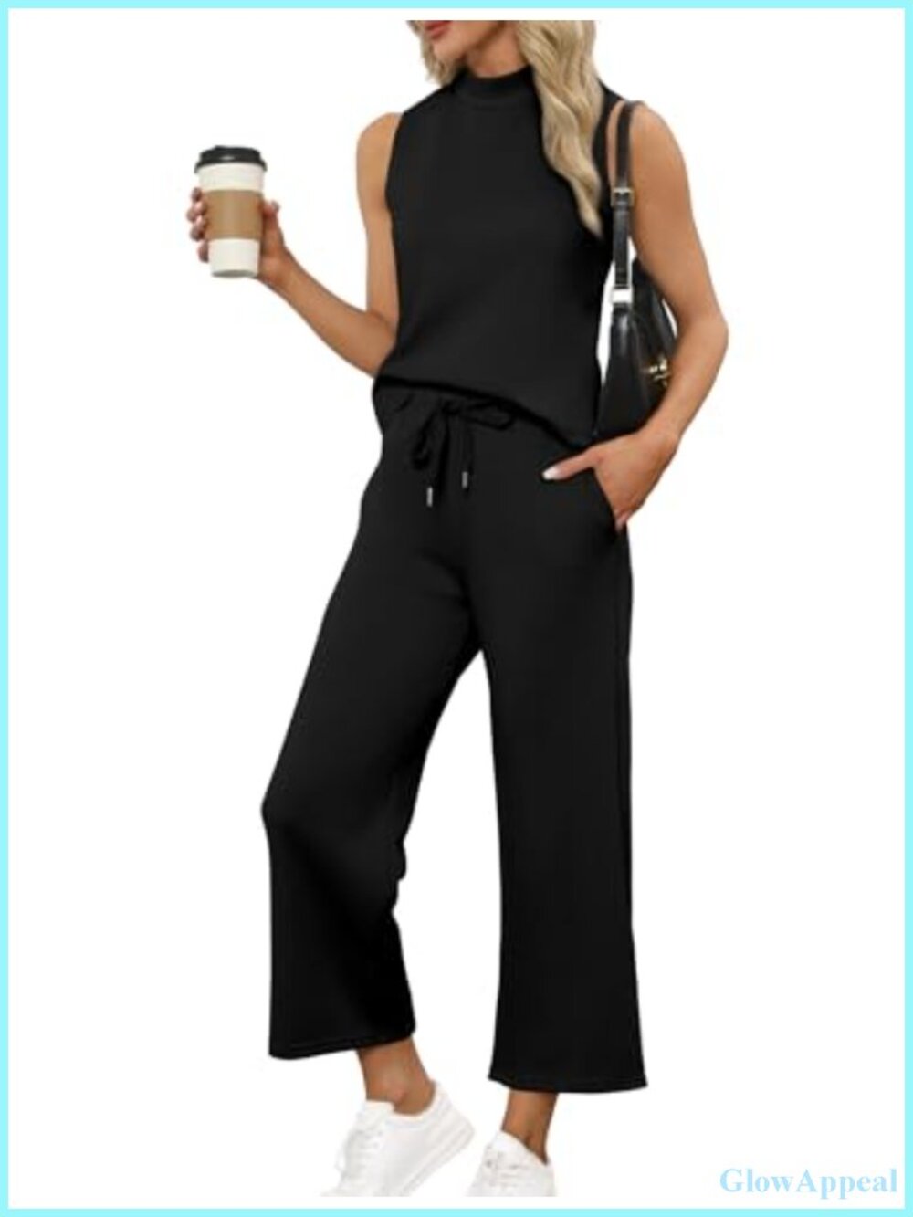 Two Piece Set Lounge Mock Neck Sleeveless Top Wide Leg Crop Pants Vacation